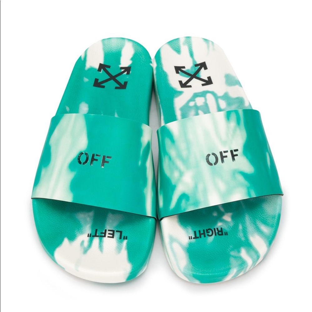 NEW; Off White Pool Slides in marbled green and white; size 8 RARE FIND